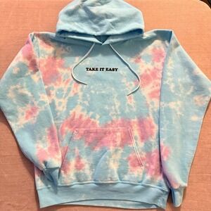 Artist Union Take It Easy Tie Dye Hoodie Small Blue Pink Pullover Sweatshirt